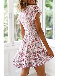 Yobecho - Vestido de verano para mujer, cuello en V, estilo étnico, volantes, dobladillo dividido, línea A, mini vestidos con cinturón