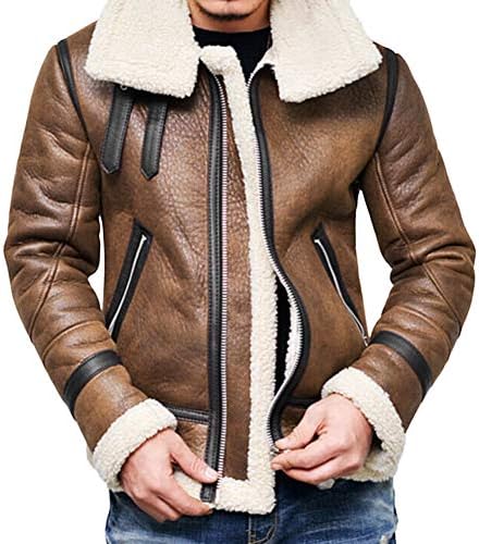Yuxikong Bomber Jacket Men, Winter Swedish Full Zipper Thick Sherpa Lined Faux Leather Jacket Coat