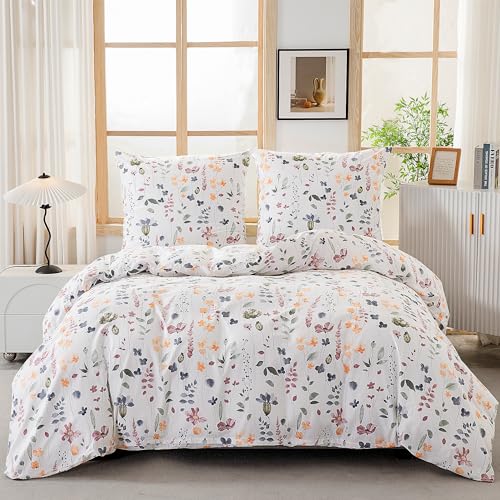 ATsense Bettwäsche 135x200 Baumwolle, 4 teilig Bettwäsche-Sets, Bunt Pflanzen Blumen Muster, ÖKO-TEX Weiche 2 Bettbezug Set mit Reißverschluss und 2 m