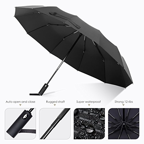Bodyguard 12 Ribs Windproof Travel Umbrella with Teflon Canopy, Lengthened Handle with Auto Open Close Button, Compact Protection from Rain, Free Upscale Leather Cover