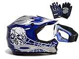 TMS Youth Kids Blue/Silver Punk Dirt Bike Atv Motocross Helmet Mx+goggles+gloves (Medium)