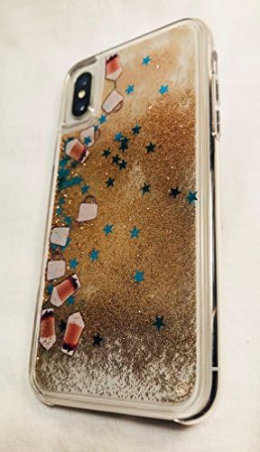 Apple iPhone X/10 Case Waterfall With Tempered Glass Screen Protector, CoffeyBees Quicksand Gold Glitter With Turquoise Stars, Coffee Drinks. Soft TPU Case. Safe Mineral Oil