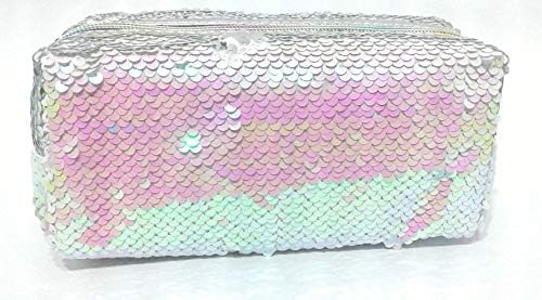 Sardar Ji Toys Attractive Reversible Sequins Pencil Case Organizer Mermaid Pouch for Girls Makeup Cosmetic Holder Purse Glitter Clutch Purse Large Size (20CM X 9CM X 8CM) (Silver)