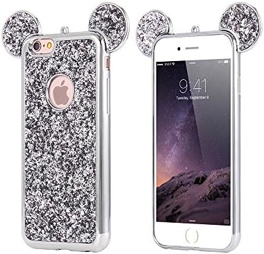 iPhone 6 6s Case, iphone 6 colour case,Lovely Animal 3D glitter bling Mouse Ears with sparkly glitter soft rubber Case for Apple iphone 6 by RoseTag (Silver)