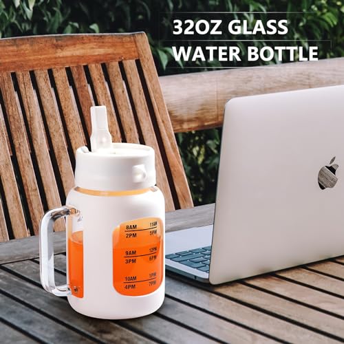 NOLOGLAZIC 32 OZ GLASS WATER BOTTLE WITH HANDLE, 100% LEAK PROOF GLASS TUMBLER WITH BUILT-IN STRAW LID, REUSABLE 900ML WATER CUP TIME MARKER BPA FREE – WHITE