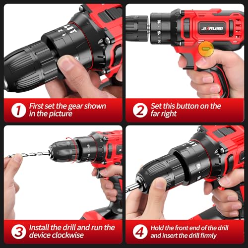 Power Drill Cordless, 20V Cordless Drill, Electric Power Drill Set with 1 Battery & Charger, 3/8” Keyless Chuck, 2 Variable Speed, 18+3 Torque and 72pcs Drill/Driver Bits, Red