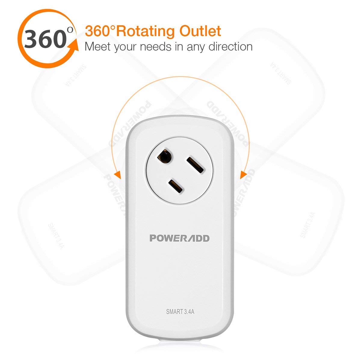 [UL Listed] Poweradd Portable 360 Degree Swivel Outlet Surge Protector 100-240V with 2-Port 3.4A USB Wall Charger, 15A/1875W - White