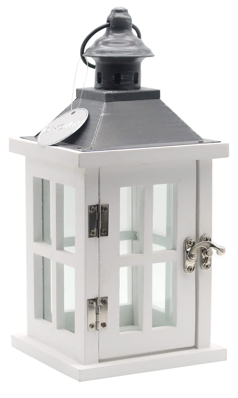 Dekovita 27cm Wooden Lantern in White - Garden Lantern with Glass Panels and Handle - Pine Wood Lanterns for Candles - Living Room Candleholder Decor