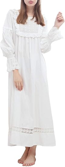 Amazon Fevon ネグリジェ レディース 長袖 春秋 ロング丈 ホワイト 無地 ルームワンピース ゆったり コットン 姫系 プリンセス おしゃれ レース フリル 部屋着 ワンピース 可愛い 寝間着 寝巻き ルームワンピース ネグリジェ 通販