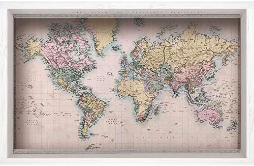 iPrint 3D Depth Illusion White Wood Frame Style Home Decor Art, Vinyl Wall/Floor Decal Sticker,Hand Colored Map of The World Anthique Chart,35.4" x23.6