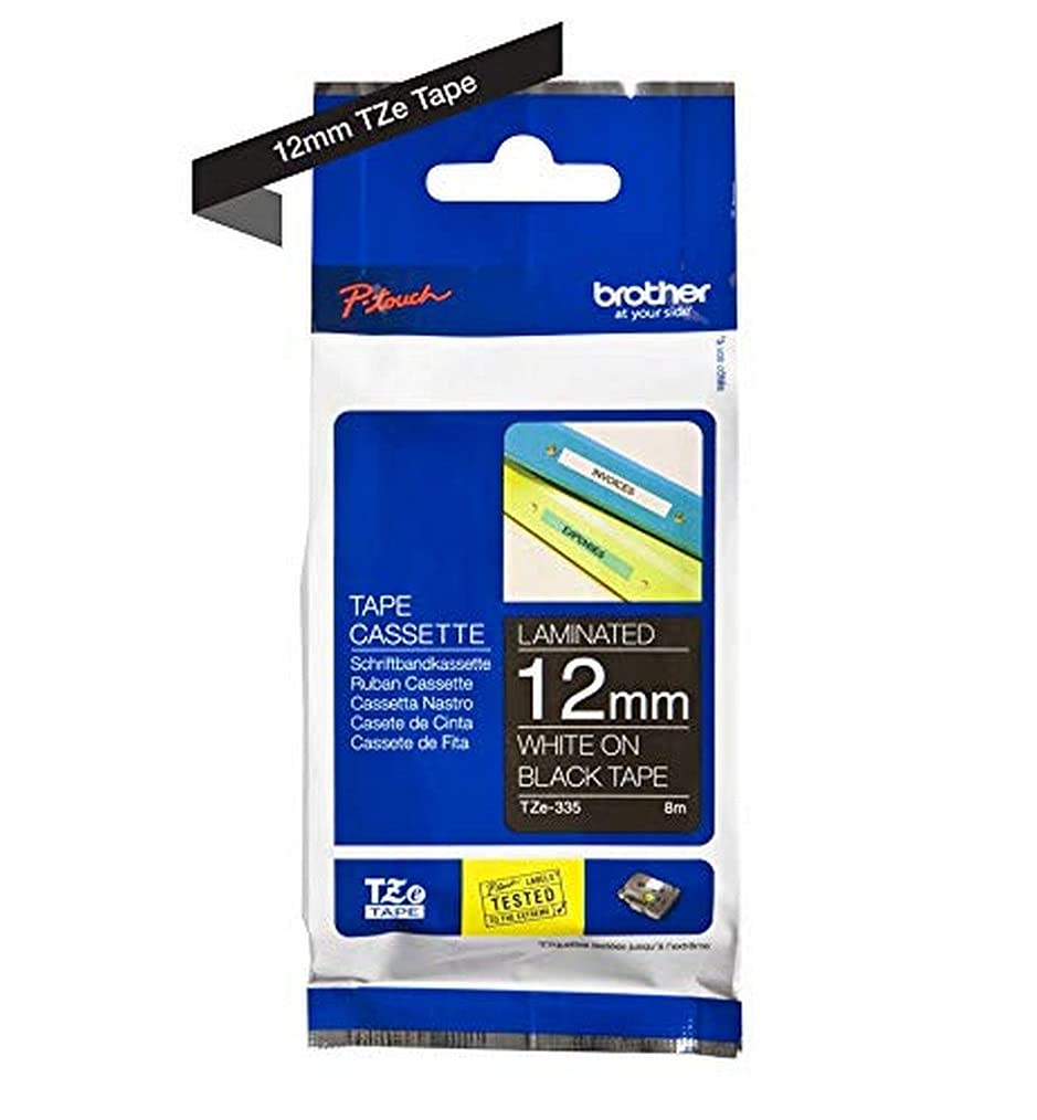 Brother TZe-335 Labelling Tape Cassette, White on Black, 12mm (W) x 8M (L), Laminated, Brother Genuine Supplies