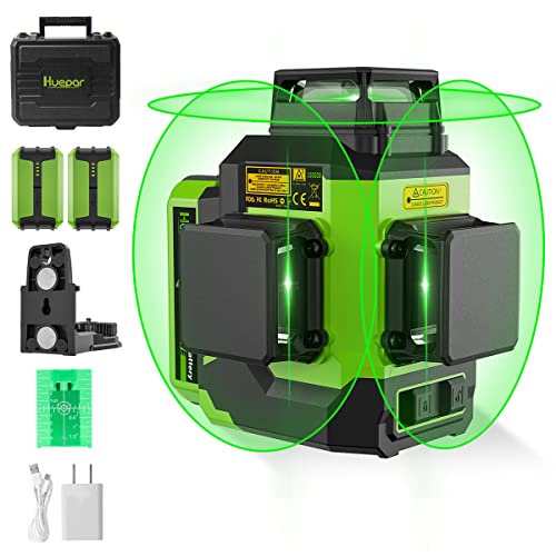 Laser Level 360 Self-Levelling, Huepar 3x360 Laser Level 12 Lines Green 3D Cross Lines Outdoor Rechargeable ACEV Pulse Mode, 2 Li-ion Batteries, Magnetic Stand, Rigid Transport