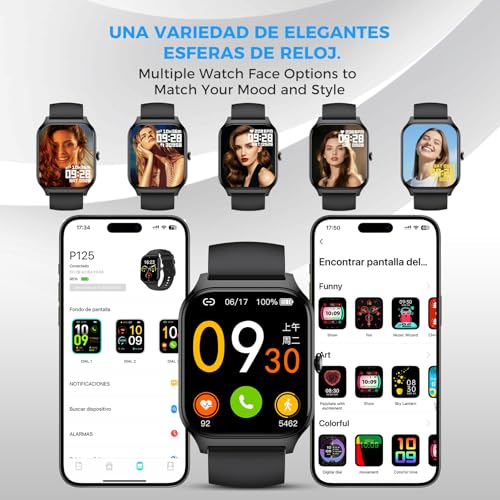 HUSEYTA Reloj Inteligente Hombre Mujer con Llamadas Bluetooth, Smartwatch 1.83" IPX8, Pulsera Actividad con Pulsómetro, Sueño, Compatible iPhone Android Negro(2 Correas: Silicona + Tejida)
