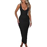 BEAGIMEG Women's Sexy Ruched Sleeveless Deep V Elegant Cocktail Evening Party Maxi Dress