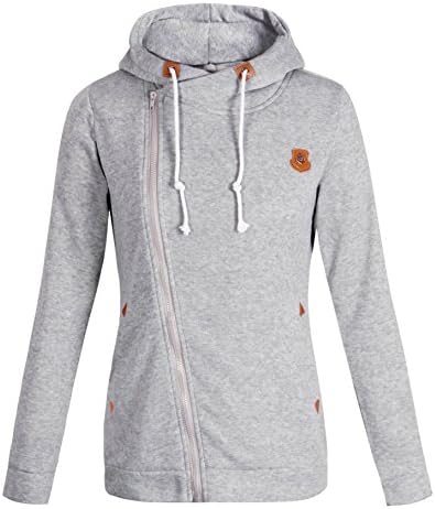 LANOU ELFIN Women's Funnel Neck Oblique Zipper Hoodie Sweatshirt Coat,Gray,X-Large