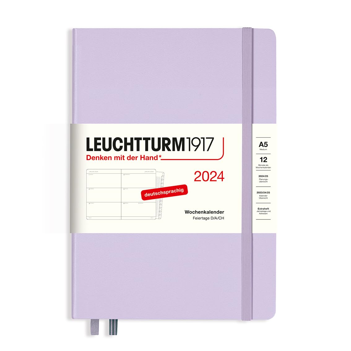 LEUCHTTURM1917 367609 Weekly Planner Medium (A5) 2024 with Extra Book for Addresses and Anniversaries for Addresses and Anniversaries, Lilac, German, 12 Months