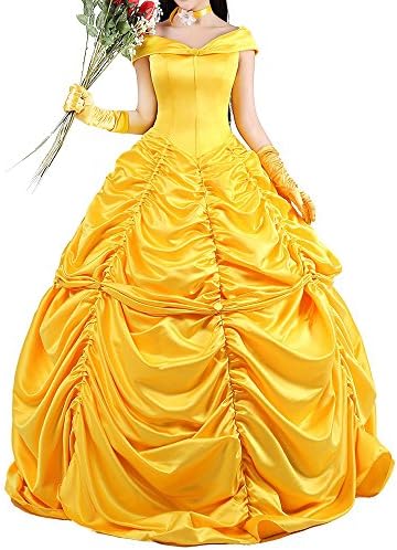 Princess Belle Costume Adult Women Beauty and the Beast Cosplay Dress with Choker and Gloves (XXL)