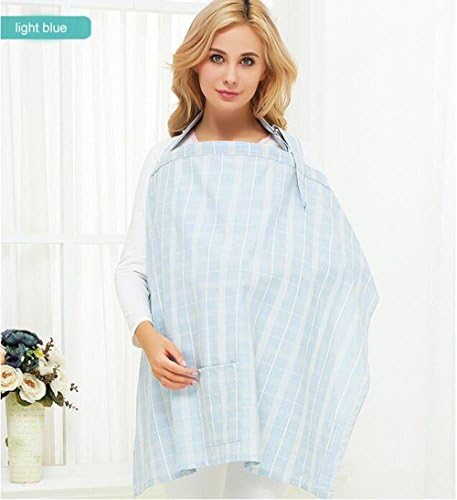 Fen Fun Grid Style Neck Support Nursing Cover for Baby Breastfeeding Full Coverage 100% Breathable Soft Cotton Linen(Light Blue)