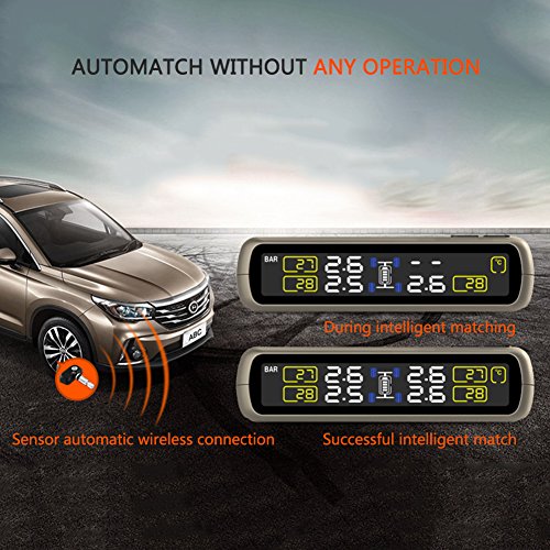 Catinbow TPMS Tire Pressure Monitoring System, Solar Power DIY Tire Pressure Gauge with 4 External Sensors Automotive Wireless Connection Real-Time Tire Pressure Monitor for Vehicle (Gold)