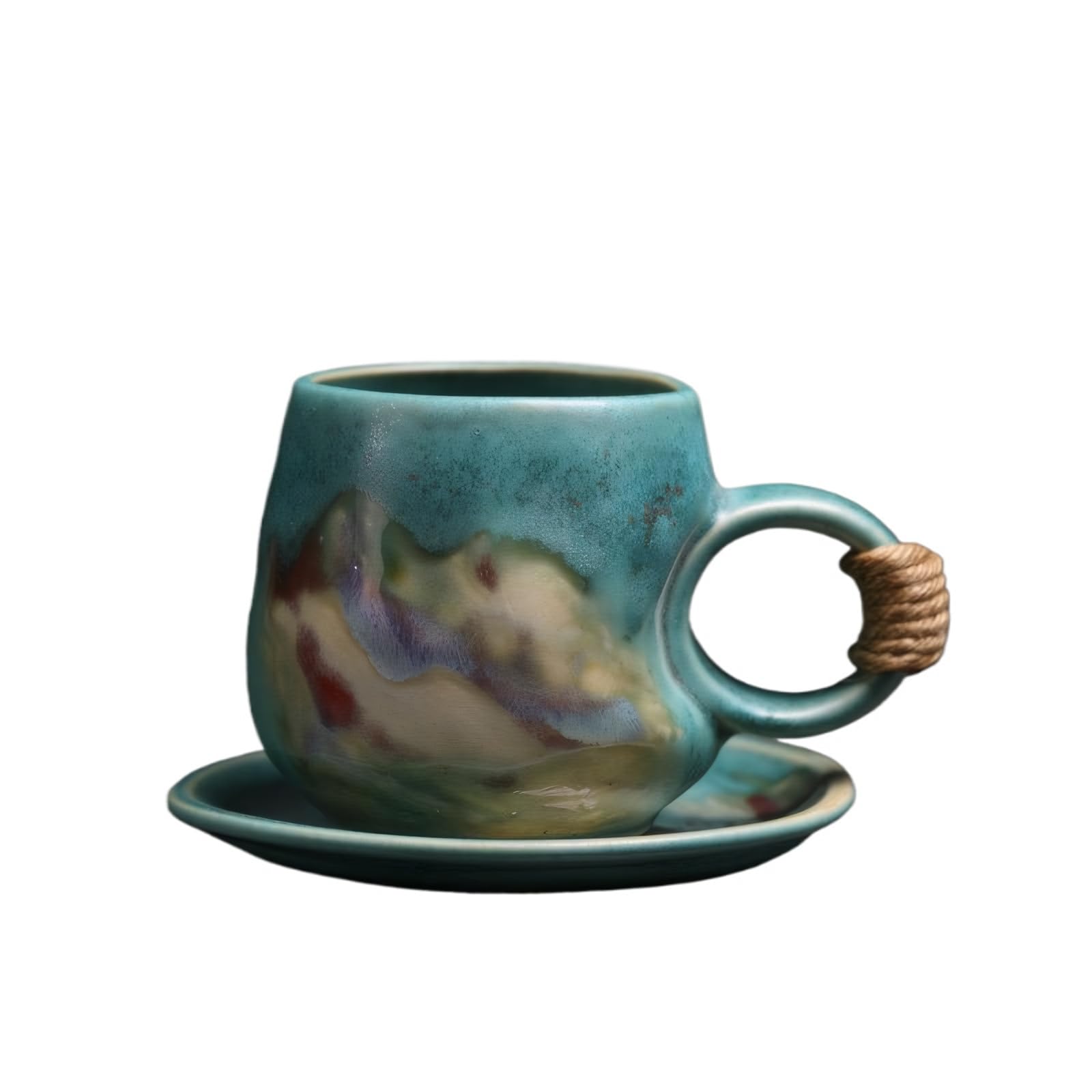 10oz Unique Vintage Retro Japanese Handmade Ceramic Cappuccino Barista Cup with Saucer – Artisanal Stoneware Coffee Mug, Lead-Free Latte Art Mug，Handmade Pottery tea mug or tea cup (1, Green)