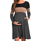 Bearsland Women’s Long Sleeve Maternity Dresses Patchwork Pregnancy Dress with Pocket