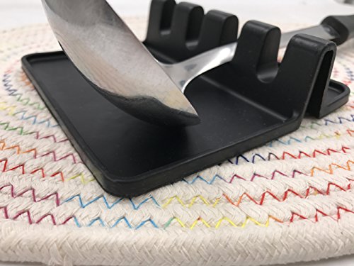 Kitchen Utensil Rest, ICASA, Silicone Heat Resistant Ladle Fork Mat Giant Spoon Rest Ladle Spoon holder (Black) - Thumbnail 4