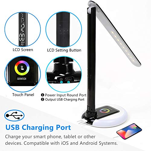 Gerintech LED Desk Lamp Dimmable Table Lamp with Clock, USB Charging Port and Color Changing