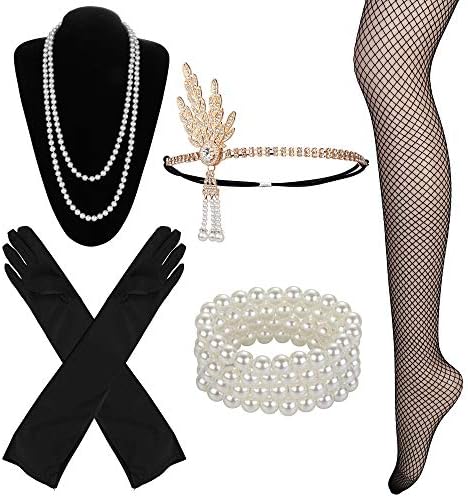 FIBO STEEL 1920s Accessories Set Flapper Costume for Women Headpiece Gloves Fishnet Leg Warmers Necklace Bracelets Set
