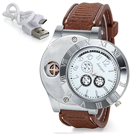 E-18th Military Men Lighter Watch USB Rechargeable Windproof Flameless Cigarette Lighter Wristwatch (silver)