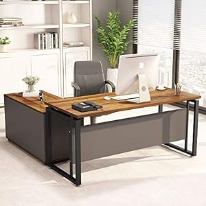 LITTLE TREE L-Shaped Computer Desk, 55″ Executive Desk Business Furniture with 39” File Cabinet Storage Mobile Printer Filing Stand for Home Office Desk Walnut