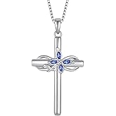 Inpasne Cross Necklace for Women 925 Sterling Silver Butterfly Cross Pendant Necklace Birthstone Jewelry Gifts for Her