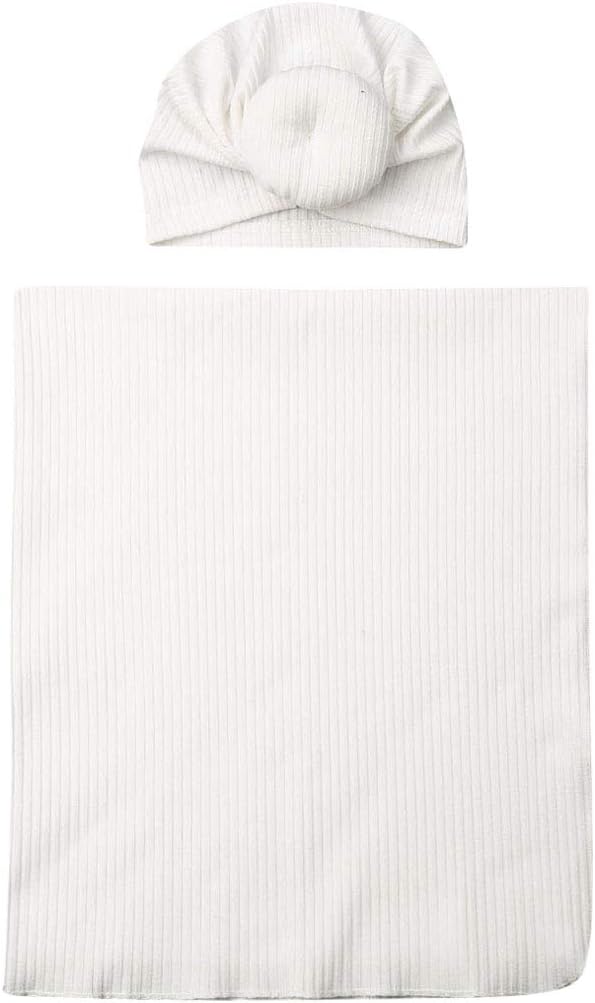 Gueuusu Newborn Receiving Blanket Headband Set Striped Knitted Baby Swaddle Receiving Blankets (White, 0-3M)