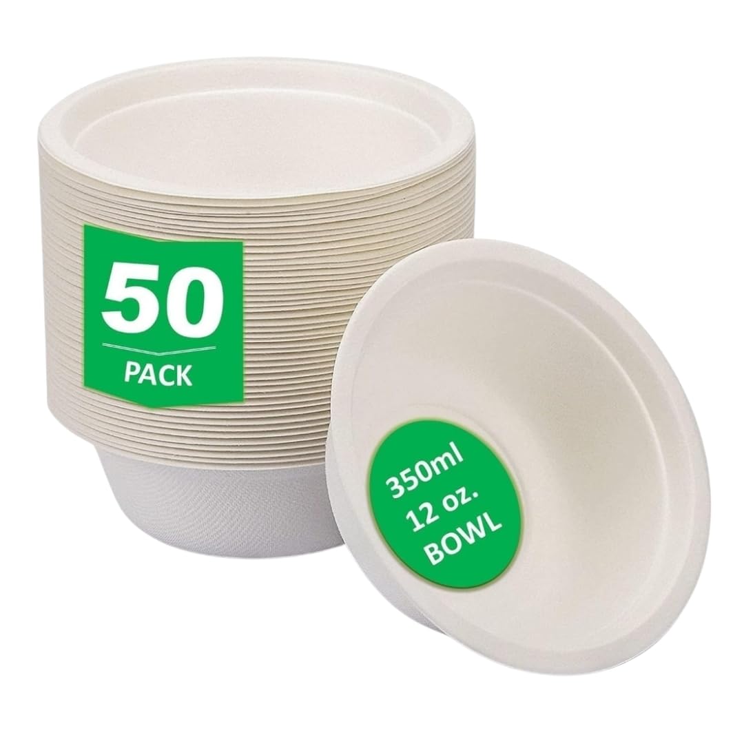 aaksh 555 Pack of 50 Premium Quality Strong Disposable Bowls Eco Friendly Biodegradable Bowls 350ml, Perfect for Hot & Cold Foods Soup Salad Dessert Fruit Bowls Ideal for All Occasions at Home Work