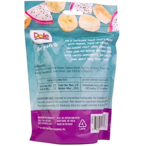 DOLE FOR PETS FRUIT JERKY BITES DOG TREATS, BANANA AND DRAGON FRUIT FLAVOR, CHEWY TREATS FLAVORED WITH REAL FRUIT, NO WHEAT, CORN, SOY, ARTIFICIAL FLAVORS, COLORS, OR PRESERVATIVES, 6 OZ