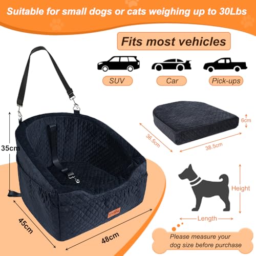 Vivifying Dog Car Seat, Memory Foam Dog Booster Seat for Small Up to 10KG, Detachable and Washable, Height Elevated with Storage Pockets (Black)