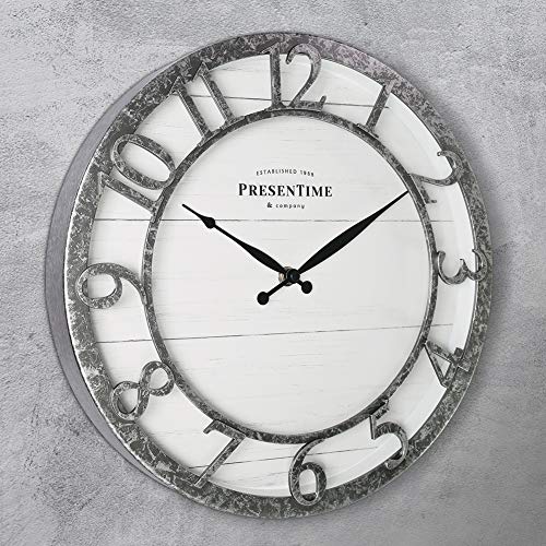 PresenTime & Co 13" Farmhouse Series Wall Clock, Quartz Movement, Shiplap Style,Raised 3D Arabic Numeral, Galvanized Finish