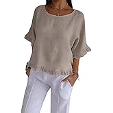 Womens Flowy Edge Casual Tops Summer Short Sleeve Loose Fit Shirts Simple Round Neck Baggy Solid Color Blouses