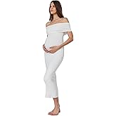 BUMPSUIT Off The Shoulder Maternity Dress for Pregnancy, Stretchy Fabric Foldover Neckline Ladies Long Maternity Maxi Dress