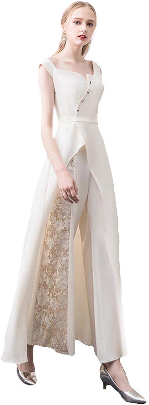 CY Satin Jumpsuit Bridal Gown Dissymmetry Neck