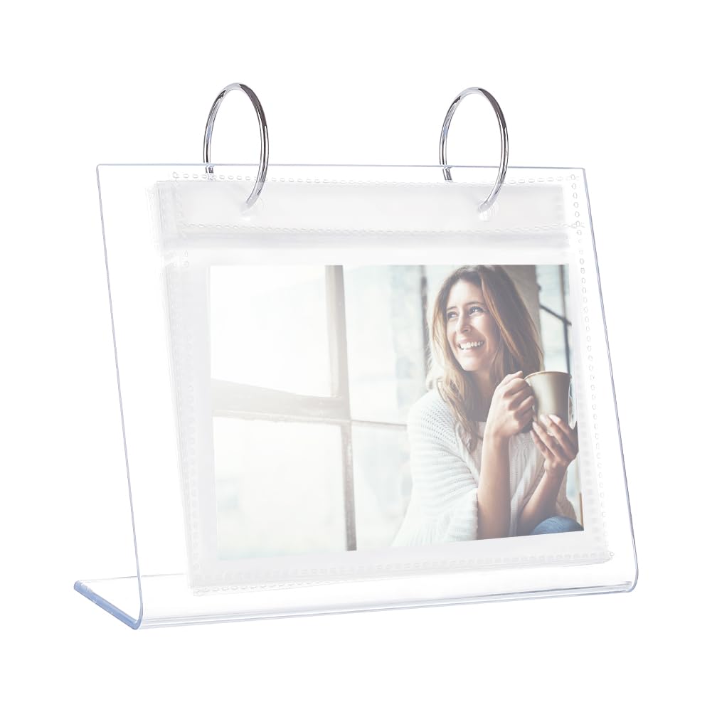 BENECREAT 5" Acrylic Photo Album - Vertical Flip Album with 17 Pages and 34 Picture Frames, Desktop Display Stand