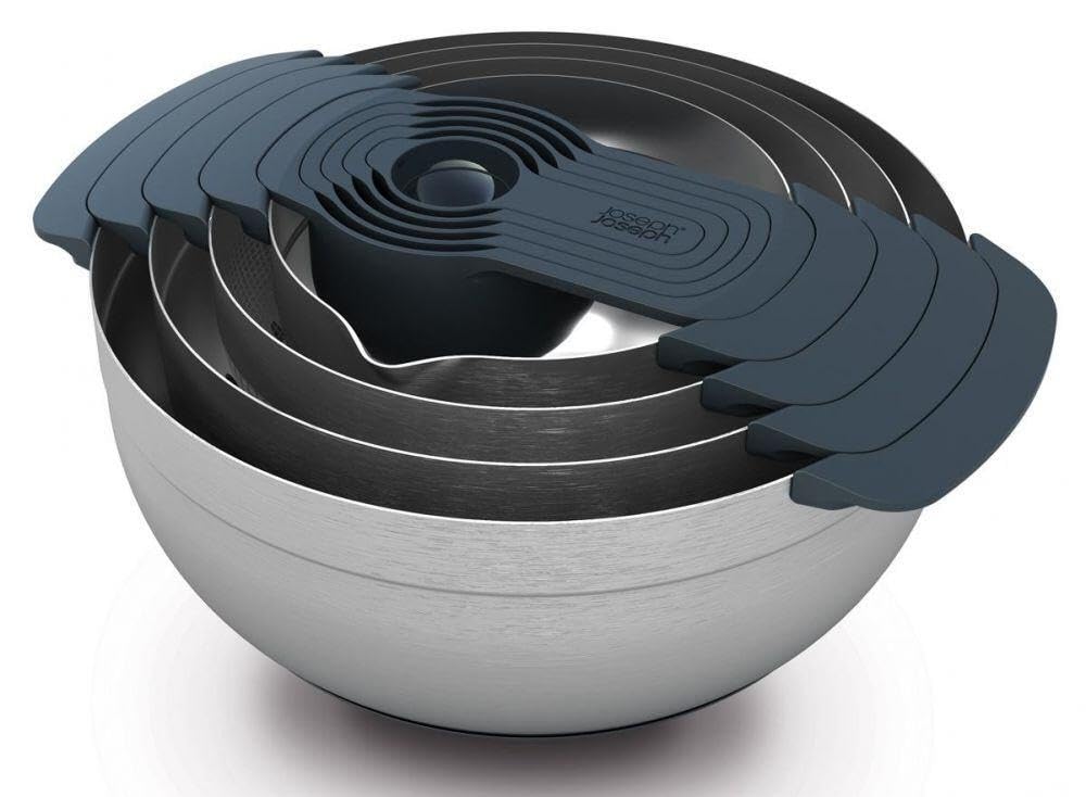 Joseph Joseph Nest 9 Plus, 9 Piece Compact Food Preparation Set with Mixing Bowls, Measuring Cups, Sieve and Colander, Stainless Steel Image
