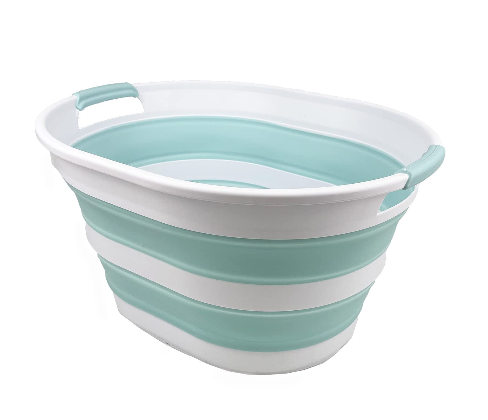 SAMMART - 23L Collapsible Plastic Laundry Basket - Oval Tub/Basket - Foldable Storage Container/Organizer - Portable Washing Tub - Space Saving Laundry Hamper (1, White/Lake Green)