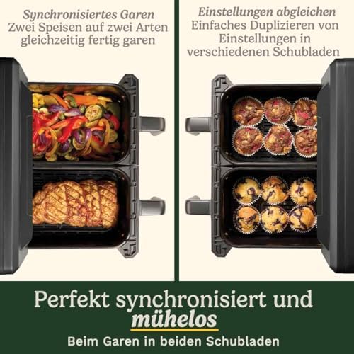 XXL Air Fryer, ohne PFAS, Kochen ohne Chemikalien, Airfryer, Braten, Grillen, Gebäck, Dehydrierung, Max Crisp und Warmhalten, Doppelschubladen, 2 x 5,2 l