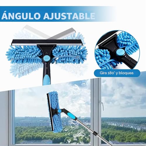 Telescopic Glass Cleaner, 10 Sticks, 0.13-4 m, 180° Rotating Head, Replacement Cloth, Chenille and Brush, for Roofing Terraces, Greenhouses, Skylights, Large Glazed Surfaces | For high windows, shower, car, mirror, microfibre covers, professional quality