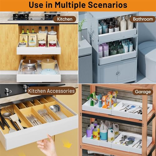 Fohome Expandable Pull out Cabinet Organizer, Expandable Sliding Pull Out Drawers White, Slide out Cabinet Organizer Drawer Storage for Kitchen, Living Room, Home, Adjustable Width 32cm to 52 cm White