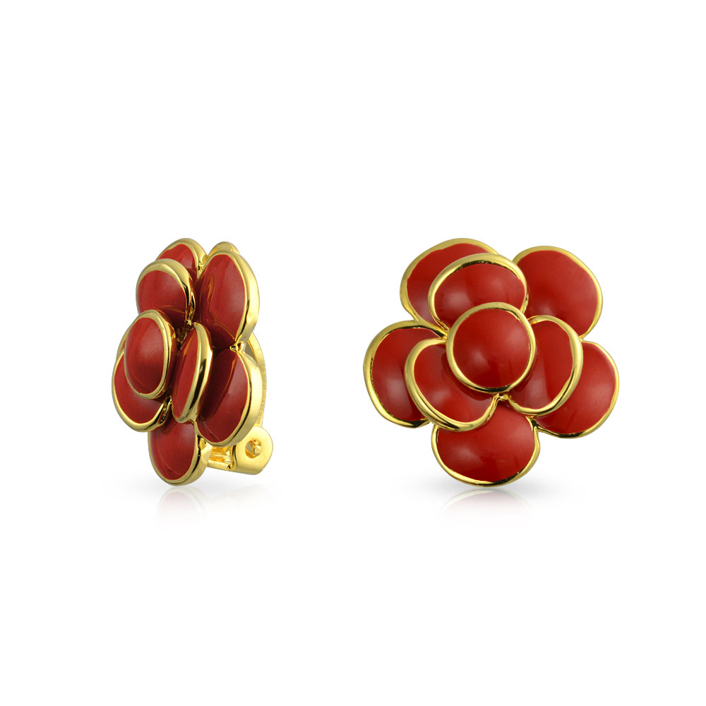 Red Enamel Rose Flower Spring Retro Clip On Earrings Button Style For Non Pierced Ears Gold Plated Brass — image 1