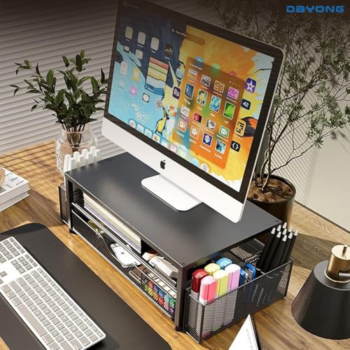 DAYONG Computer Monitor Stand Riser, Desk Organizers and Accessories with Storage Drawers, Metal Monitor Stand with 2 Pen Holders, Desktop Organiser for Home Office Supplies (Black)