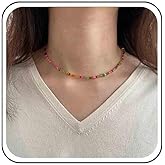 Ximdble Vintage Colorful Seed Bead Choker Necklace Mutil Color Gemstone Choker Necklace Rainbow Bead Necklace Short Seed Bead Necklace for Women and women