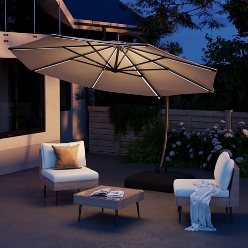 12 ft patio umbrella with led lights PURPLE LEAF 12 ft. Square Solar powered LED Patio Umbrella Outdoor  Cantilever Umbrella Heavy Duty Sun Umbrella in Gray PPLGLRSDT12-GY