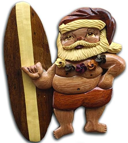Aloha Wood Art Santa Standing with Surf Board
